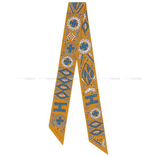 HERMES scarf Twilly KELLY EN PERLES Miel/Bleu Jean/Cream Silk100%[EXCELLENT][Authentic]