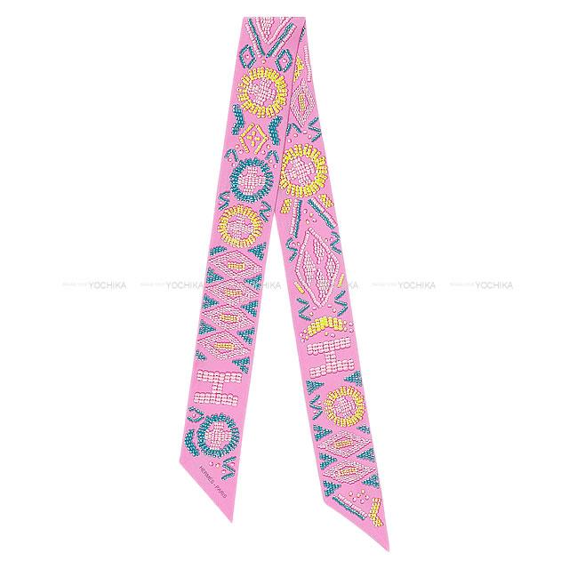 2020 AW HERMES scarf Twilly KELLY EN PERLES Rose Bonbon/Canard/Jaune Silk100%[EXCELLENT][Authentic]