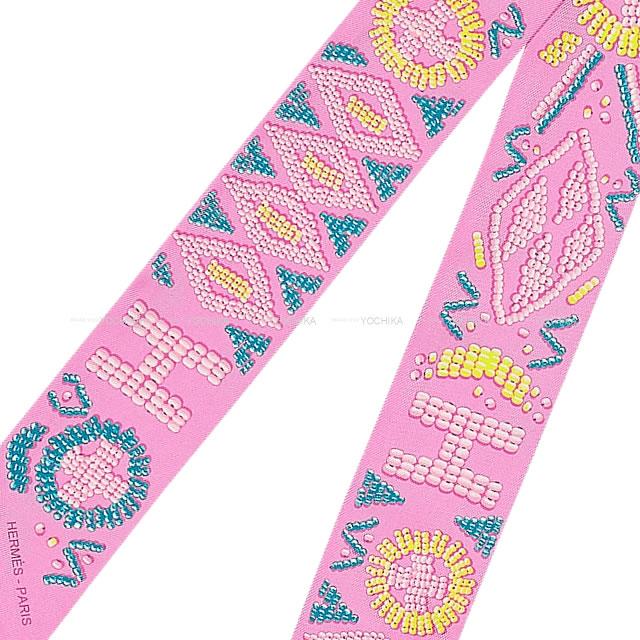 2020 AW HERMES scarf Twilly KELLY EN PERLES Rose Bonbon/Canard/Jaune Silk100%[EXCELLENT][Authentic]