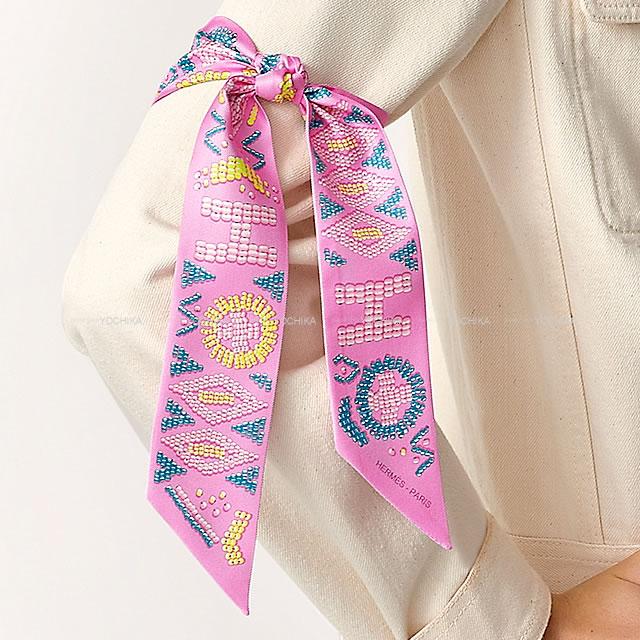2020 AW HERMES scarf Twilly KELLY EN PERLES Rose Bonbon/Canard/Jaune Silk100%[EXCELLENT][Authentic]