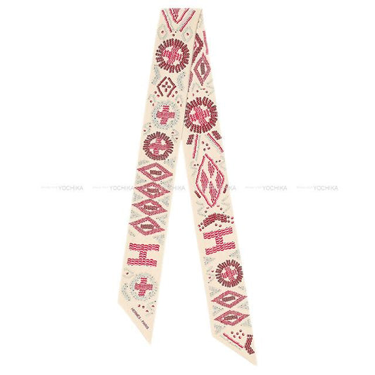 HERMES scarf Twilly KELLY EN PERLES Cream/Framboise/Argile Silk100%[EXCELLENT][Authentic]