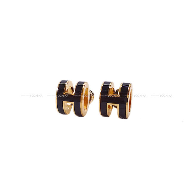 HERMES pierced earring Mini Pop H Noir (Black) Rose Gold Plated/lacquer[BRAND NEW][Authentic]