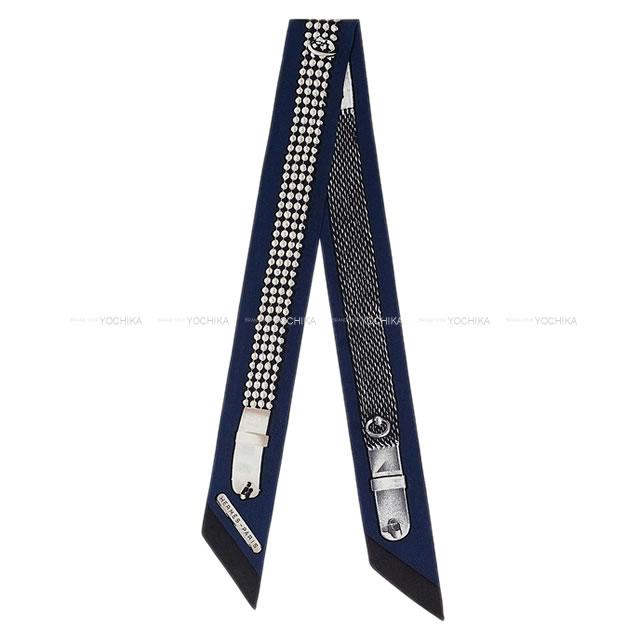 HERMES scarf Twilly Blue Marine/Gris/Noir(Black) Silk100%[EXCELLENT][Authentic]