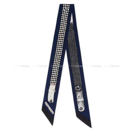 HERMES scarf Twilly Blue Marine/Gris/Noir(Black) Silk100%[EXCELLENT][Authentic]