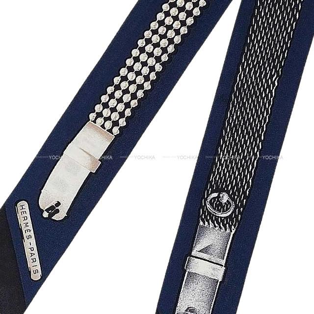 HERMES scarf Twilly Blue Marine/Gris/Noir(Black) Silk100%[EXCELLENT][Authentic]