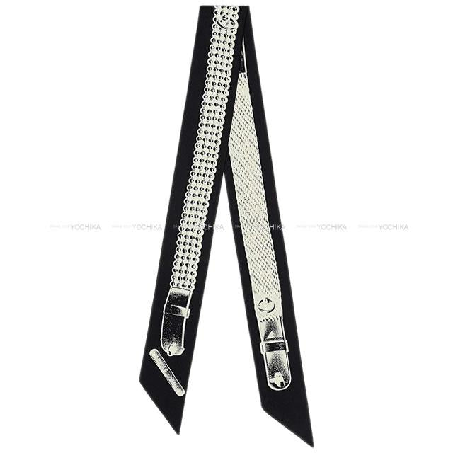 HERMES scarf Twilly TRESOR DE MEDOR Noir (Black)/Blanc (White) Silk100%[EXCELLENT][Authentic]