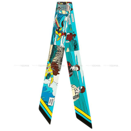HERMES scarf Twilly WOW American comic Bleu Azur/Jaune/Multicolor Silk100%[EXCELLENT][Authentic]