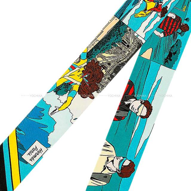 HERMES scarf Twilly WOW American comic Bleu Azur/Jaune/Multicolor Silk100%[EXCELLENT][Authentic]