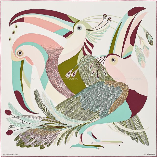 2020AW HERMES scarf TOUCANS PARADIS Blanc(White)/Blan Casse/Vert/Vieux Rose Silk100%[EXCELLENT][Authentic]