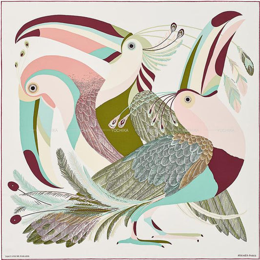 2020AW HERMES scarf TOUCANS PARADIS Blanc(White)/Blan Casse/Vert/Vieux Rose Silk100%[EXCELLENT][Authentic]