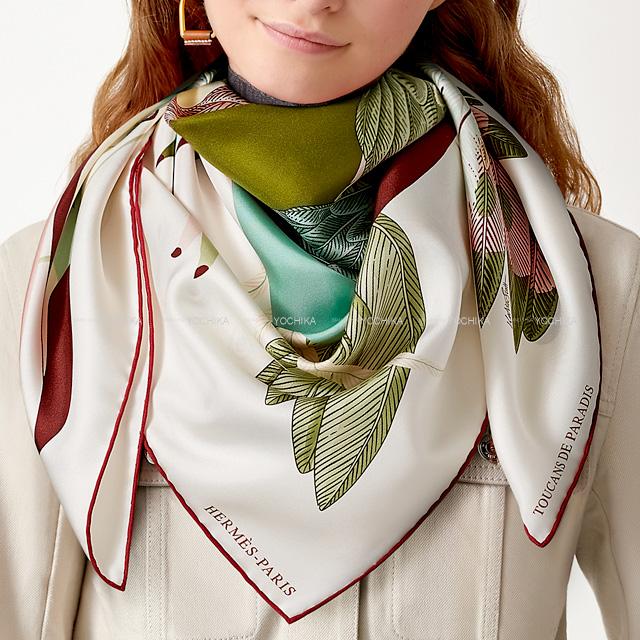 2020AW HERMES scarf TOUCANS PARADIS Blanc(White)/Blan Casse/Vert/Vieux Rose Silk100%[EXCELLENT][Authentic]