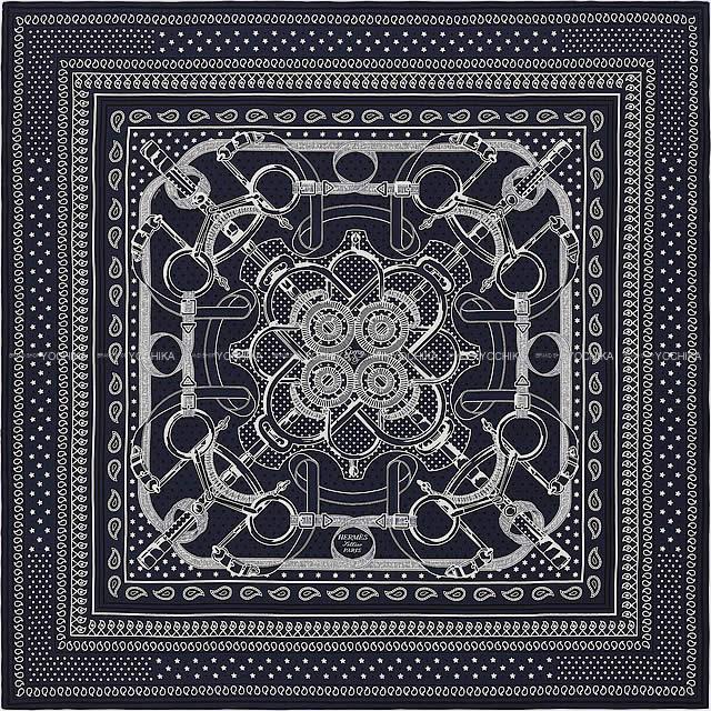 [Pre-loved] 2015AW HERMES scarf Carre 140 Eperon d'Or Bandana Marine/Noir(Black)/Blanc(White) Cashmere70% / Silk30%[LIKE NEW][Authentic]