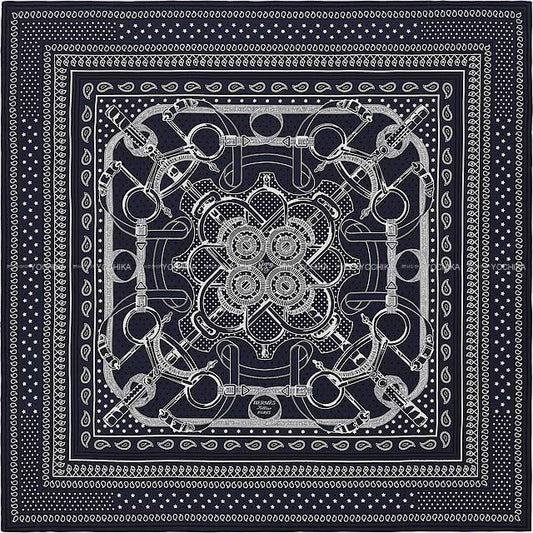 [Pre-loved] 2015AW HERMES scarf Carre 140 Eperon d'Or Bandana Marine/Noir(Black)/Blanc(White) Cashmere70% / Silk30%[LIKE NEW][Authentic]