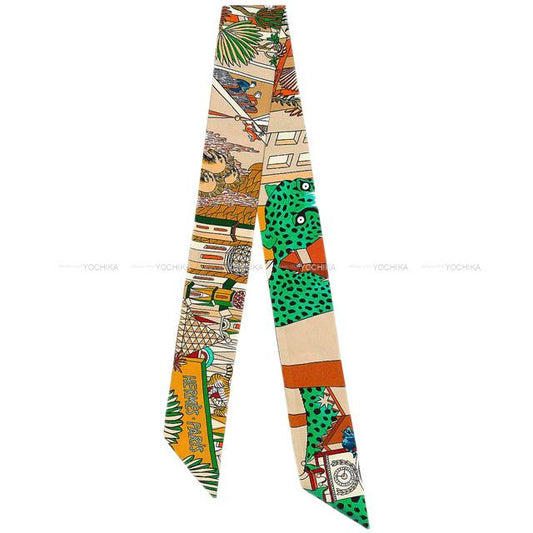 HERMES scarf Twilly ANIMA POLIS Ocre/Vert/Orange Silk100%[EXCELLENT][Authentic]