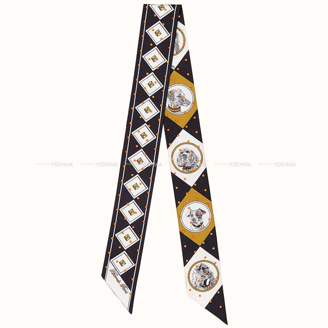 HERMES scarf Twilly Colliers et Chiens Plumetis ドット Noir (Black)/Gold/Orange Silk100%[EXCELLENT][Authentic]