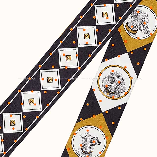 HERMES scarf Twilly Colliers et Chiens Plumetis ドット Noir (Black)/Gold/Orange Silk100%[EXCELLENT][Authentic]