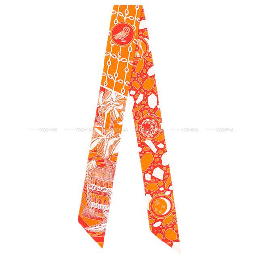 2021SS HERMES scarf Twilly La Danse des Amazones Orange/Coral/Blanc(White) Silk100%[EXCELLENT][Authentic]