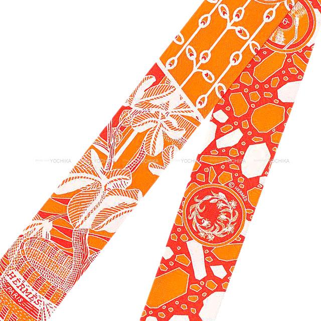 2021SS HERMES scarf Twilly La Danse des Amazones Orange/Coral/Blanc(White) Silk100%[EXCELLENT][Authentic]