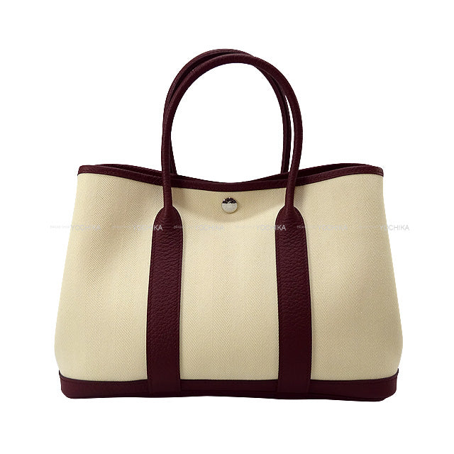 HERMES tote bag Garden Party 30 TPM Bordeaux Toile Chevrons/Vache Country Silver HW Stamp Y[ALMOST NEW][Authentic]