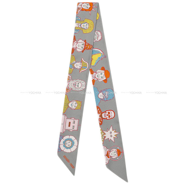 [Pre-loved] 2021 AW HERMES scarf Twilly HERMES Dress Code Gris/Jaune/Orange Silk100%[LIKE NEW][Authentic]