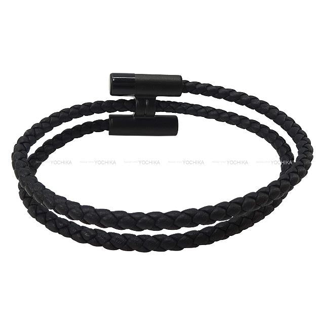[Pre-loved] HERMES bracelet Bangle Tournis Tresse SO BLACK Noir (Black) Veau Swift /palladium plated[LIKE NEW][Authentic]