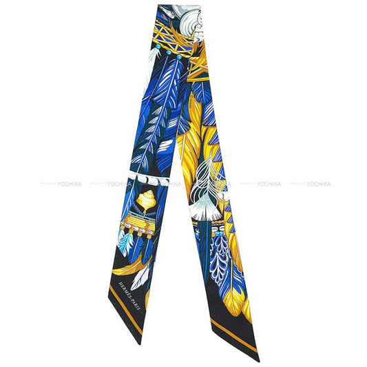 2021AW HERMES scarf Twilly Dance pacifique Blue Nuit/Jaune vif/Black Silk100%[EXCELLENT][Authentic]