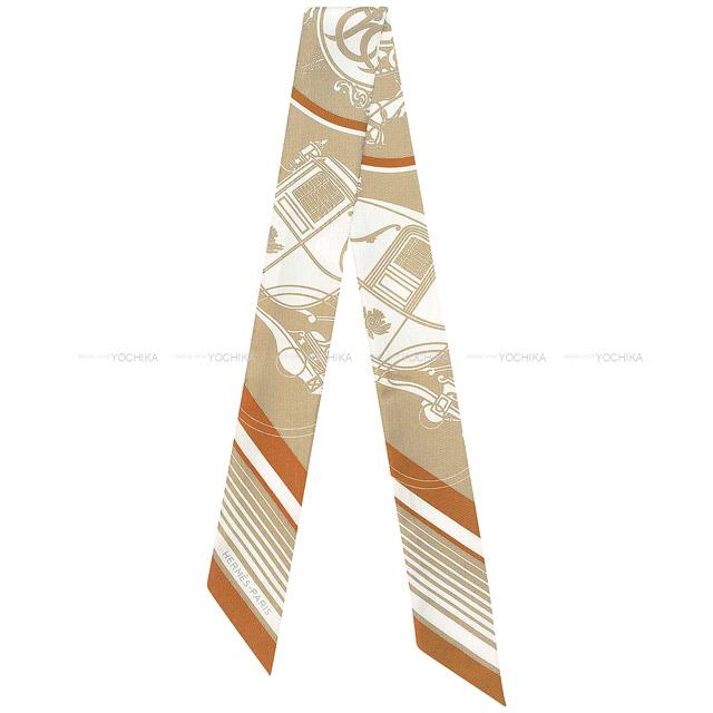 2021 AW HERMES scarf Twilly Ex-Libris Beige/Blanc(White)/Caramel Silk100%[EXCELLENT][Authentic]