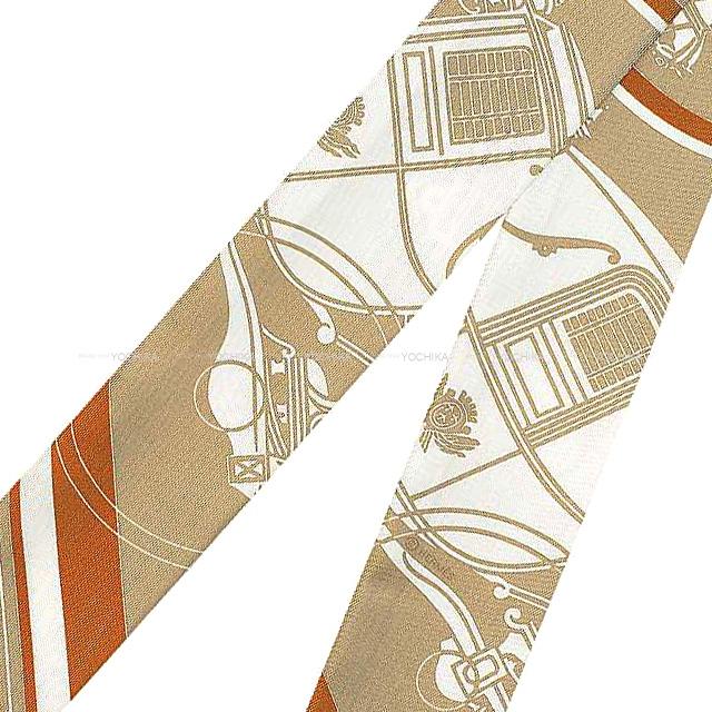 2021 AW HERMES scarf Twilly Ex-Libris Beige/Blanc(White)/Caramel Silk100%[EXCELLENT][Authentic]