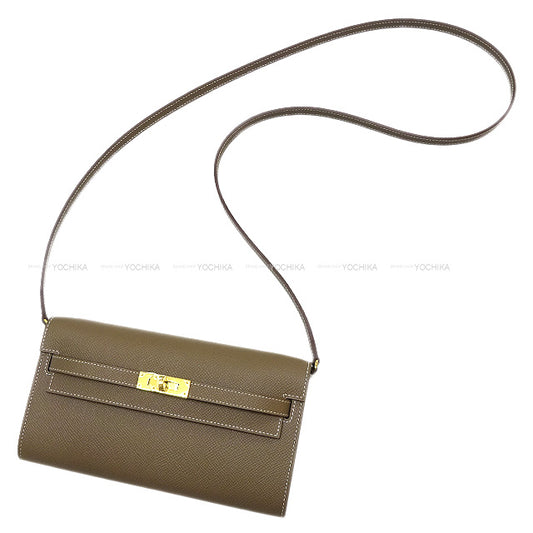 HERMES long wallet Kelly Wallet To Go Etoupe Ever Grain Gold HW Stamp D[EXCELLENT][Authentic]