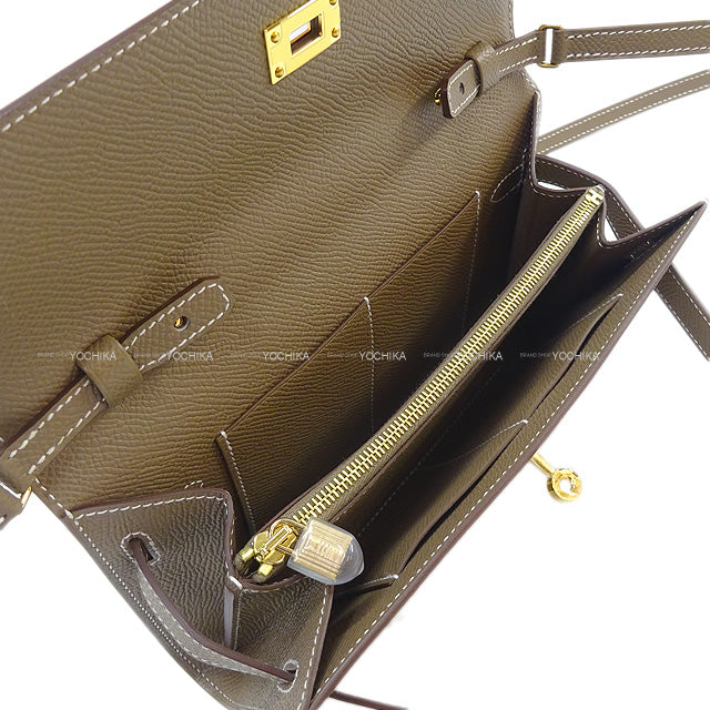 HERMES long wallet Kelly Wallet To Go Etoupe Ever Grain Gold HW Stamp D[EXCELLENT][Authentic]