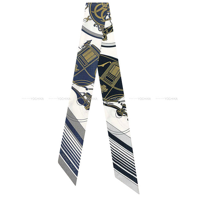 HERMES scarf Twilly Ex-Libris Blanc(White)/Marine/Gris Silk100%[EXCELLENT][Authentic]