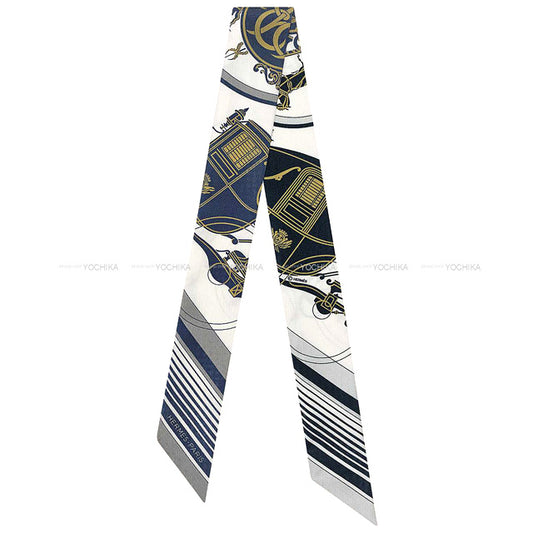 HERMES scarf Twilly Ex-Libris Blanc(White)/Marine/Gris Silk100%[EXCELLENT][Authentic]