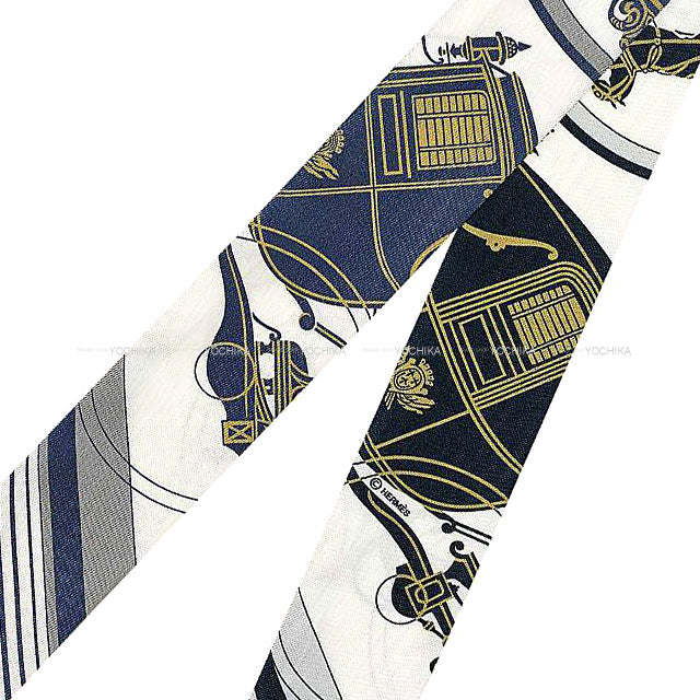 HERMES scarf Twilly Ex-Libris Blanc(White)/Marine/Gris Silk100%[EXCELLENT][Authentic]