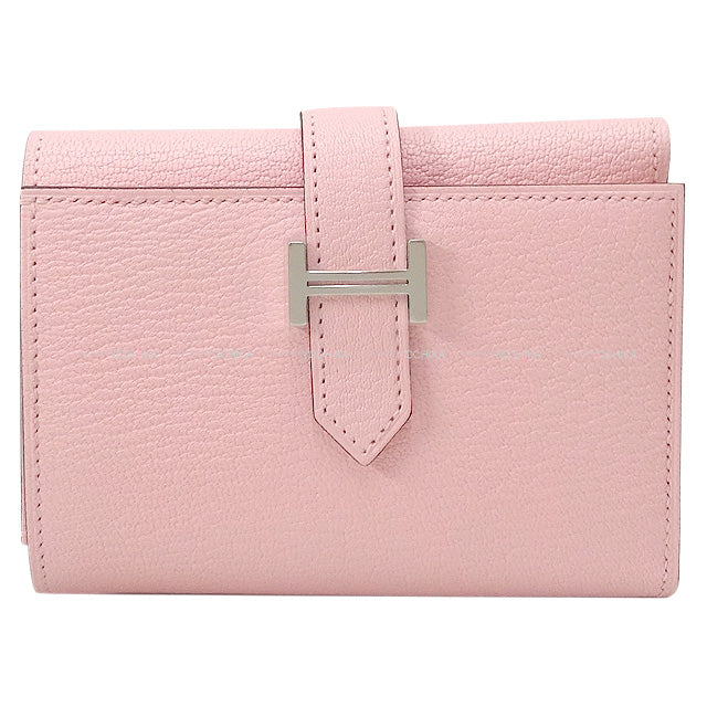 HERMES Tri-fold wallet Bearn Combine Rose Sakura Chevre Myzore Silver HW Stamp W[BRAND NEW][Authentic]