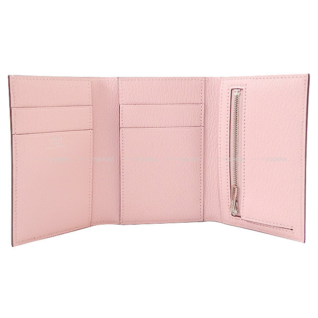 HERMES Tri-fold wallet Bearn Combine Rose Sakura Chevre Myzore Silver HW Stamp W[BRAND NEW][Authentic]