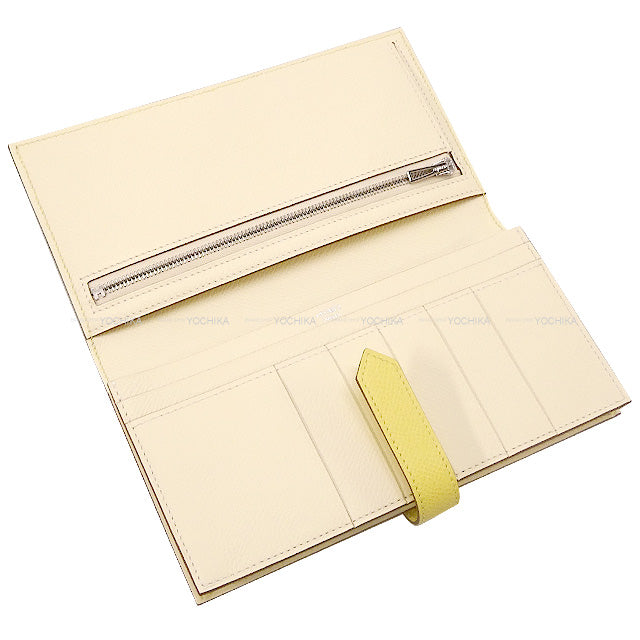 HERMES long wallet Bearn Soufflet Verso Jaune Poussin/Nata Veau Epsom Silver HW Stamp Z[EXCELLENT][Authentic]