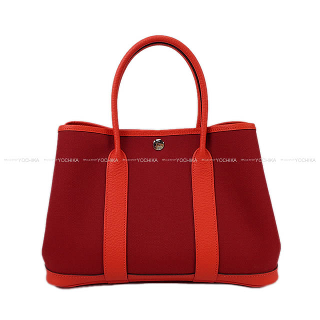 HERMES tote bag Garden Party 30 TPM Rouge Grenade/Rouge Tomate Toile Militaire/Vache Country Silver HW Stamp A[EXCELLENT][Authentic]