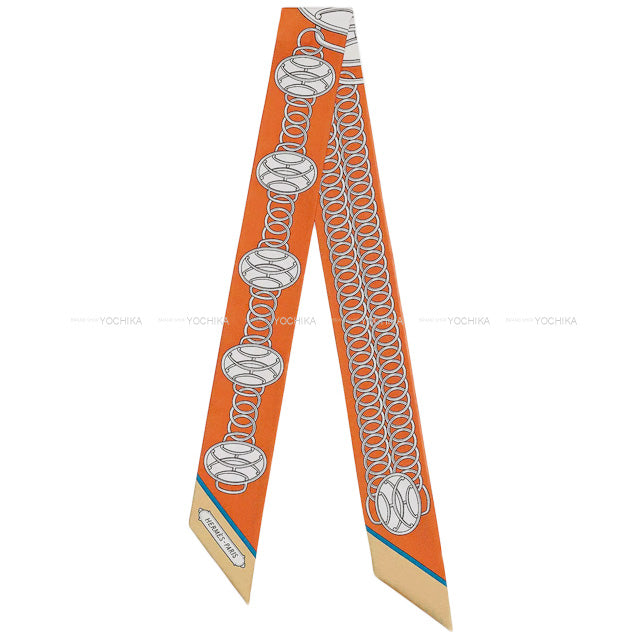 2021 AW HERMES scarf Twilly Lift Profile Potiron / Beige / Gris Silk100%[EXCELLENT][Authentic]