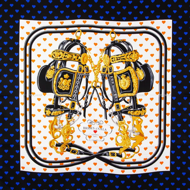 2017SS HERMES scarf Carre 90 Brides de Gala Love Blanc (White)/Orange/Noir (Black) Cotton100%[EXCELLENT][Authentic]
