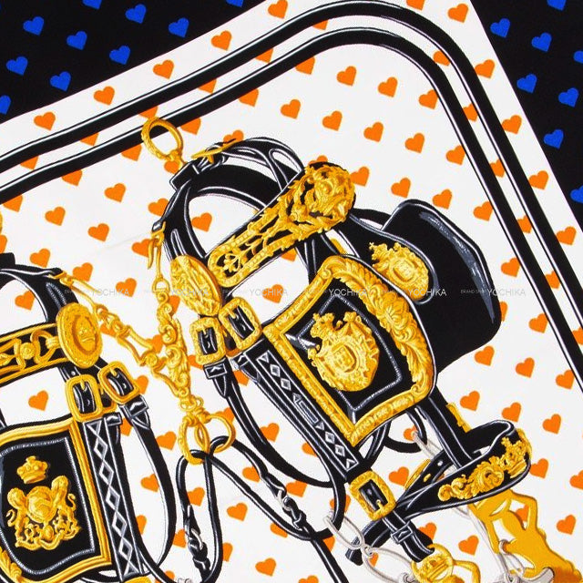 2017SS HERMES scarf Carre 90 Brides de Gala Love Blanc (White)/Orange/Noir (Black) Cotton100%[EXCELLENT][Authentic]