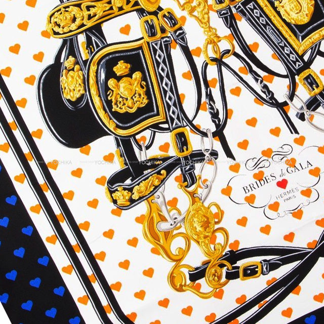 2017SS HERMES scarf Carre 90 Brides de Gala Love Blanc (White)/Orange/Noir (Black) Cotton100%[EXCELLENT][Authentic]