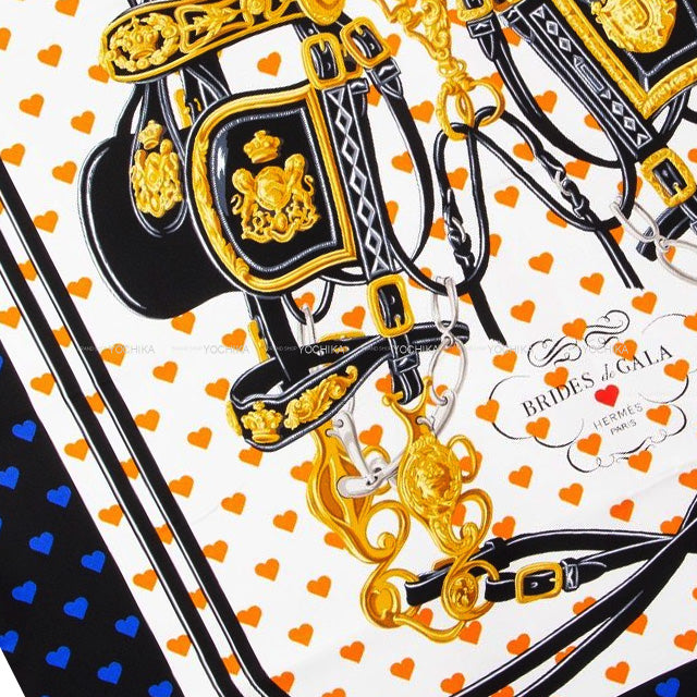 2017SS HERMES scarf Carre 90 Brides de Gala Love Blanc (White)/Orange/Noir (Black) Silk100%[EXCELLENT][Authentic]