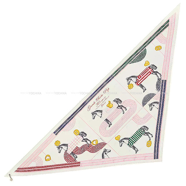 2022 SS HERMES scarf Carre 70 giant triangle Garde Robe Pop With clover charm Blanc (White)/Multicolor Silk100% Champagne Gold HW[EXCELLENT][Authentic]