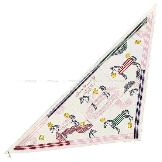 2022 SS HERMES scarf Carre 70 giant triangle Garde Robe Pop With clover charm Blanc (White)/Multicolor Silk100% Champagne Gold HW[EXCELLENT][Authentic]