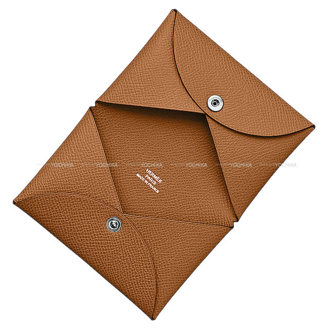 HERMES card holder Calvi Gold Veau Epsom Silver HW Stamp W[EXCELLENT][Authentic]