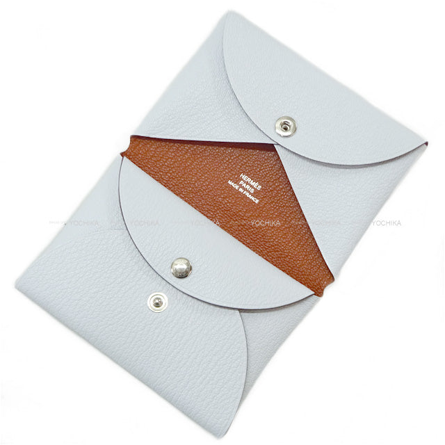 HERMES card holder Calvi Duo Verso Blue brume /Cuivre Chevre Mysore Silver HW Stamp Z[EXCELLENT][Authentic]