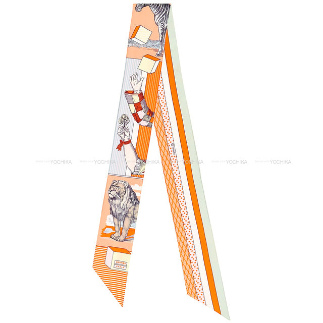 HERMES scarf Twilly Grand Theatre Nouveau Apricot/Orange/Jaune Silk100%[EXCELLENT][Authentic]