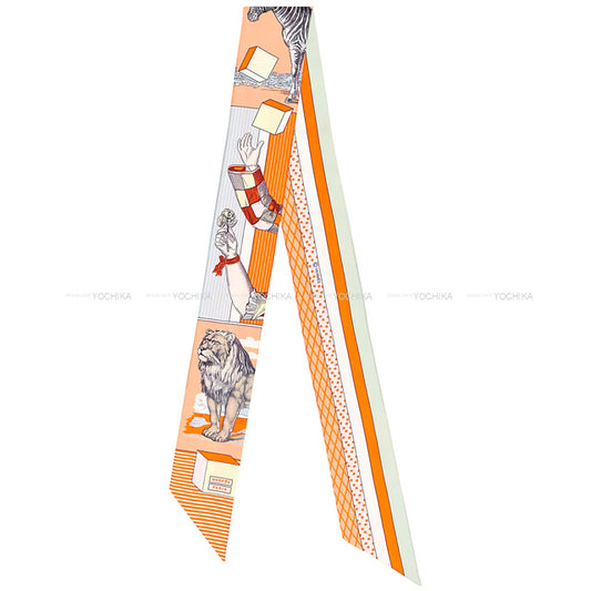 HERMES scarf Twilly Grand Theatre Nouveau Apricot/Orange/Jaune Silk100%[EXCELLENT][Authentic]