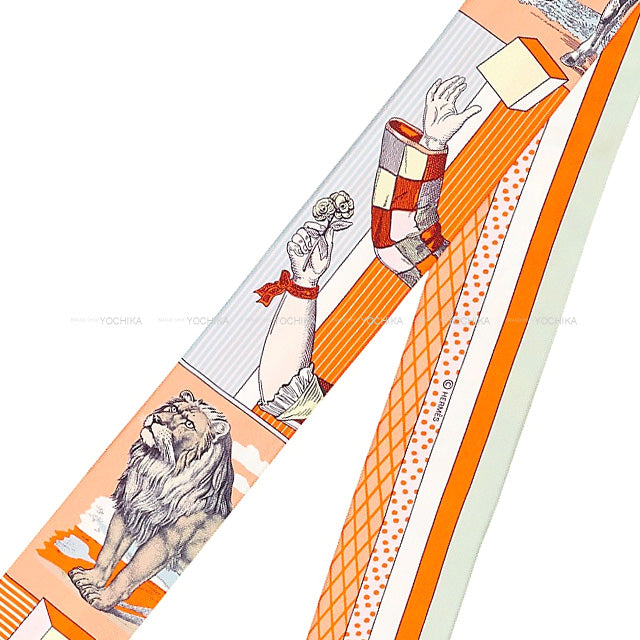 HERMES scarf Twilly Grand Theatre Nouveau Apricot/Orange/Jaune Silk100%[EXCELLENT][Authentic]