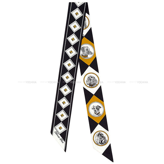 HERMES scarf Twilly Colliers et Chiens Noir (Black)/Gold Silk100%[EXCELLENT][Authentic]